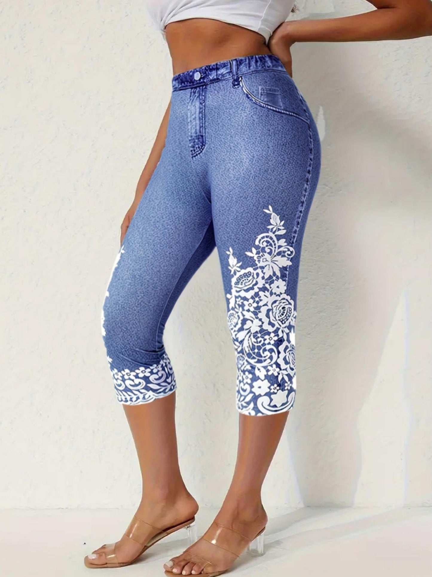 Women's Stretchy Imitation Denim Floral 3D Print Leggings - High-Waisted Summer Casual Pants with Elastic Waistband, Machine Washable, High Waisted Leggings, Comfortable Leggings, Floral Leggings, Detailed Print Leggings