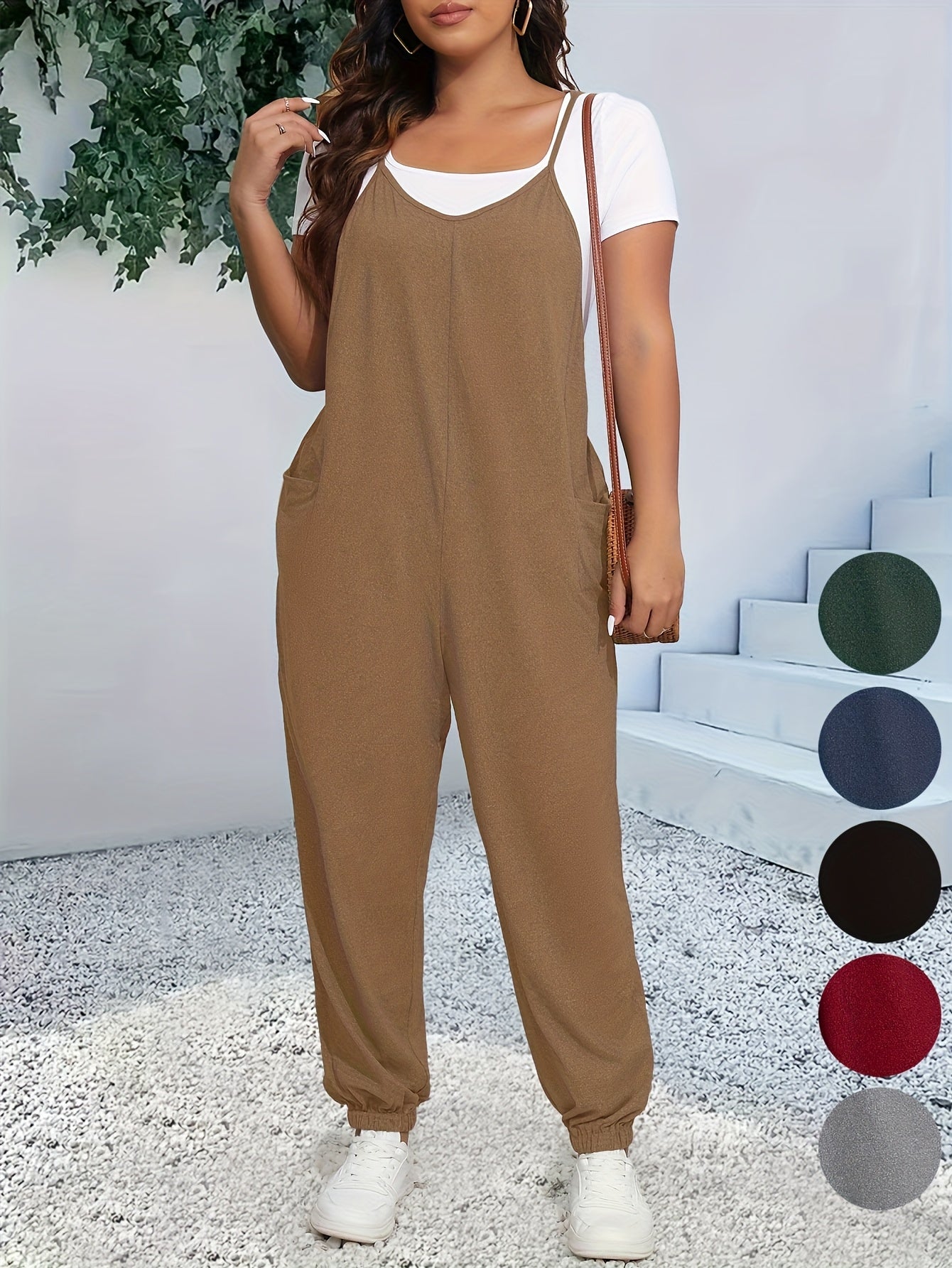 Plus Size Casual Cami Jumpsuit, Women's Plus Heathered V Neck Tapered Leg Cami Jumpsuit With Pockets