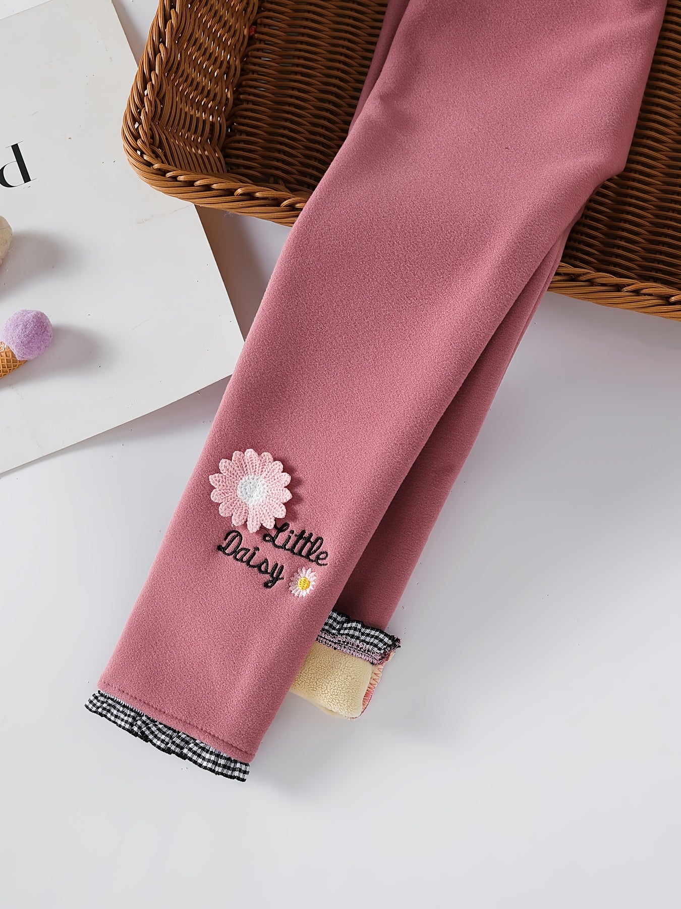 Girls' Winter Fleece-Lined Pants, Children's Outerwear Warm Trousers with Embroidery, Casual One-Piece Fleece Leggings for Medium and Large Sizes