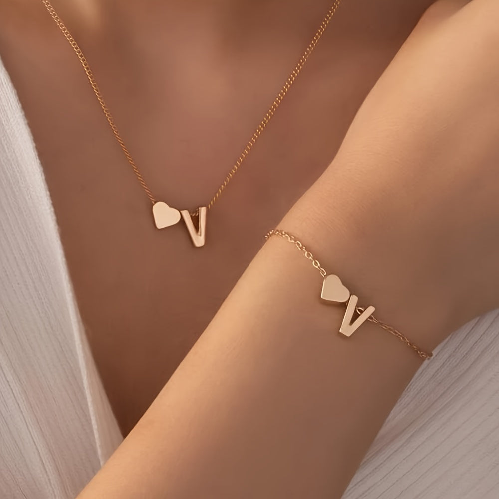 A Stylish And Minimalist Two-Piece Set Featuring a Metal Heart And English Letter Necklace And Bracelet, Perfect for Everyday Commuting Wear.