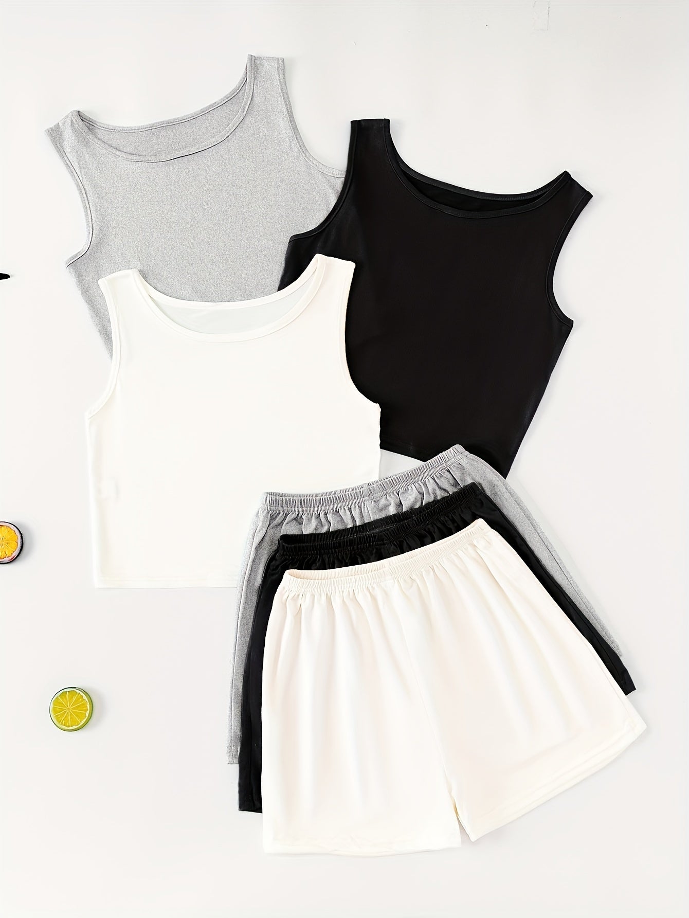 3 Sets Simple Solid Lounge Set, Crew Neck Sleeveless Top & Elastic Waistband Shorts, Women's Loungewear & Sleepwear