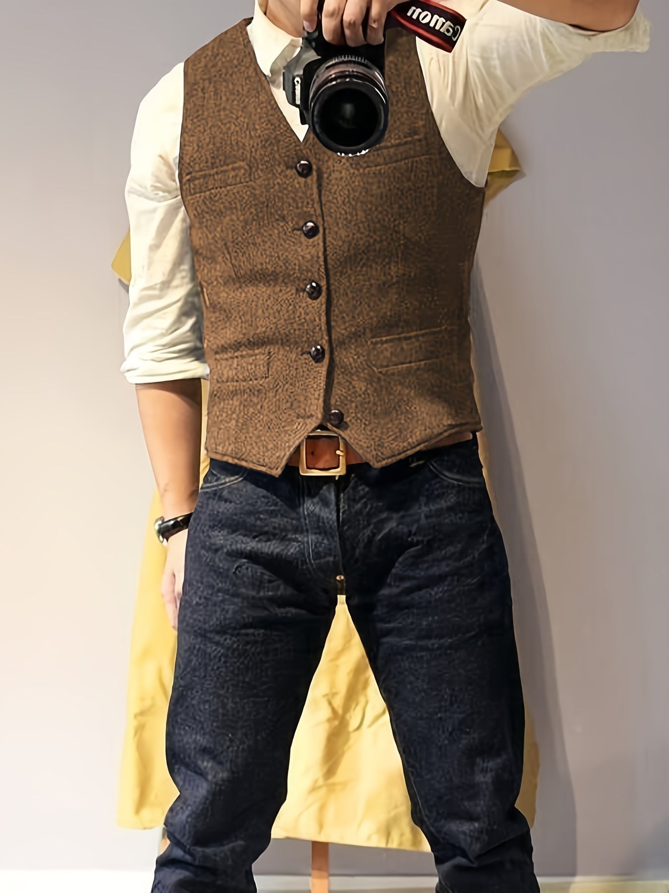 Men's Vintage Herringbone Tweed Vest - Western Cowboy Style, Gray Wool Blend with Button Front & Side Pockets for Weddings, Parties, Golf, Fishing, and Hunting