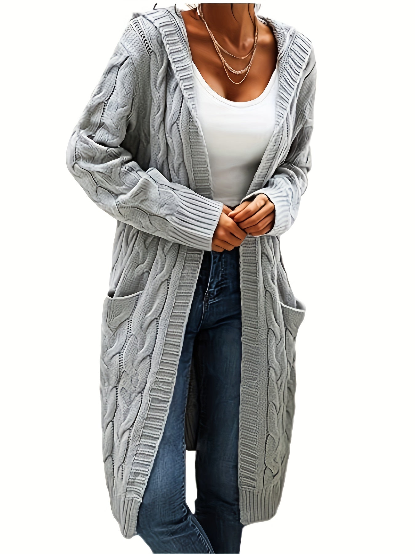 Women's Mid-Length Hooded Cardigan - Soft Stretchy Solid Color Long Sleeve Open Front Sweater with Pockets, Machine Washable Casual Elegance for Fall Winter, Everyday Comfort Wear, Stylish Hooded Design, Comfortable Fit
