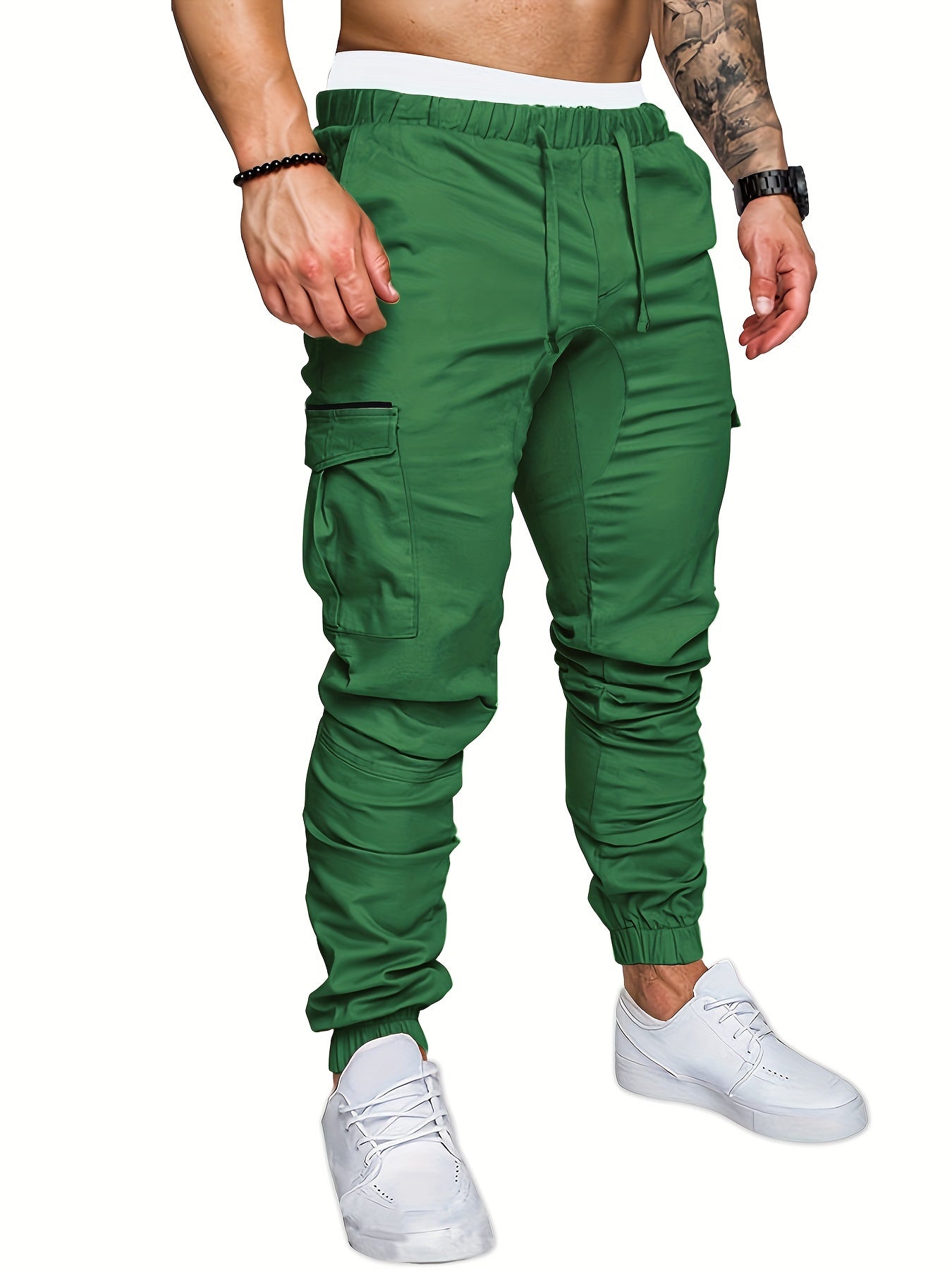 Men'S Casual Cargo Pants, Cotton Blend (95% Cotton, 5% Polyester), Solid Color, Non-Stretch Fabric, Woven, Regular Fit, Drawstring Waist, Belt Closure, Cropped Length, Suitable for Spring/Fall Season