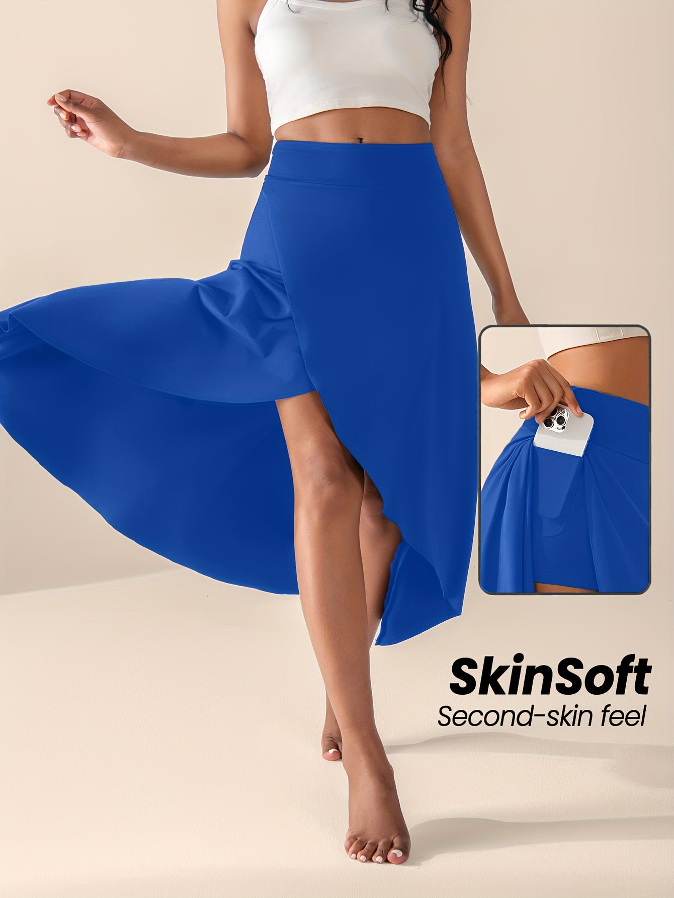 Women's High-Waisted Split Skort with Pockets, Solid Color Casual Sports Skirt, Breathable & Flexible for Active Wear