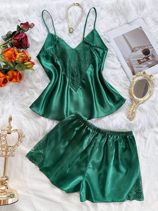 Women'S Sexy Satin Lace Camisole and Panty Set - Solid Color V-Neck Sleepwear with Contrast Lace Detail, All-Season Comfort, Elegant Home Wear for Adults, Comfortable Sleepwear|Elegant Sleepwear|Satin Finish, Sleepwear For Women, Nightgown For Women, Wome