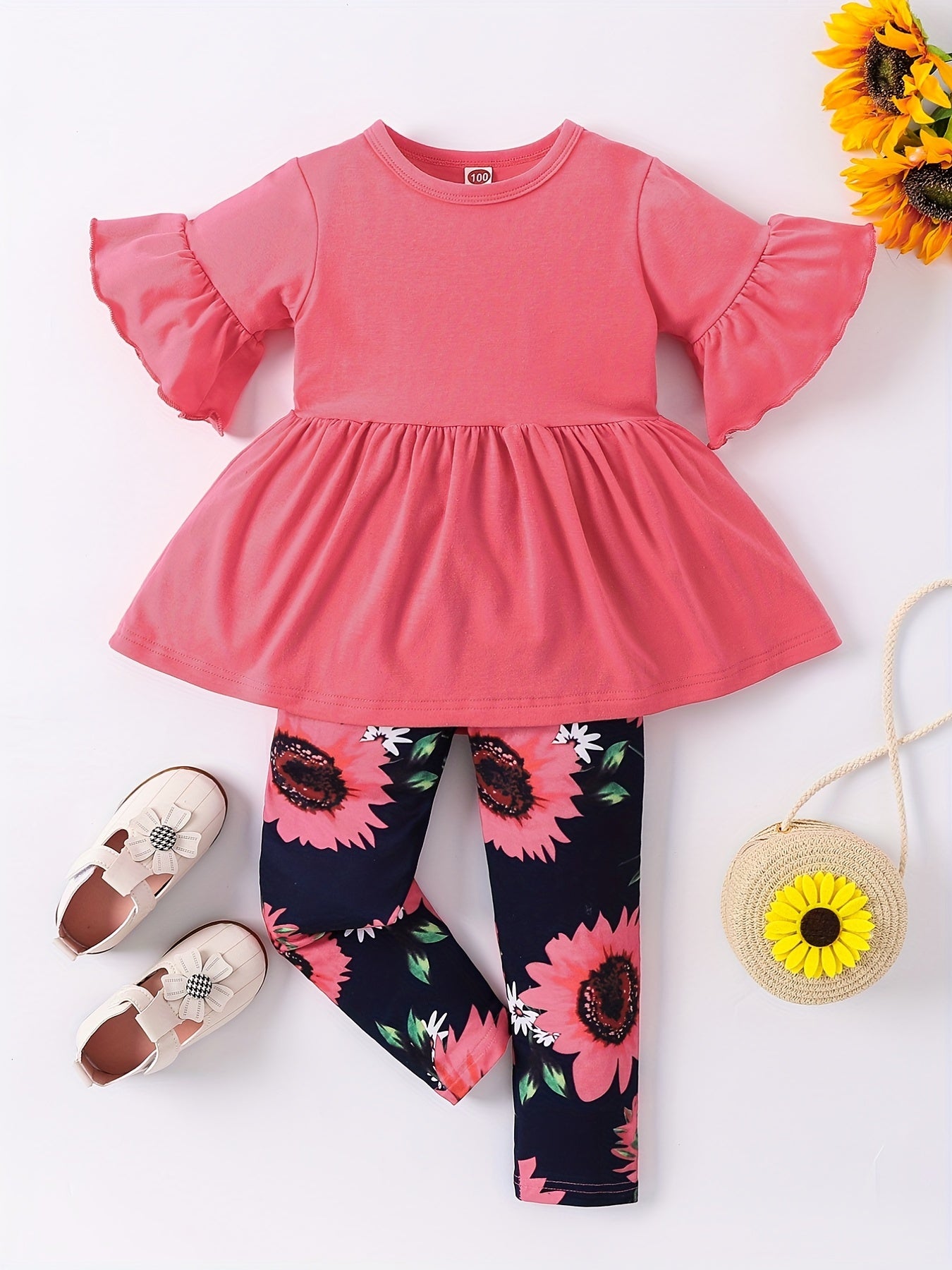 Girls' Floral Print Flared Sleeve Dress with Ruffled Hem & Elastic Waistband - Light Purple & Black Sunflower Design, Long Pants for Spring/Fall Casual Wear, Spring Fall Clothing, Comfortable Fit, for Outdoor