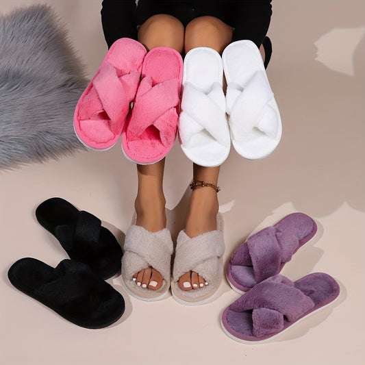 Women's Plush Cross-Strap Slip-On Slippers with Non-Slip EVA Sole - All-Season Indoor/Outdoor House Shoes for Home, Postpartum & Casual Wear (Pink/White/Black/Lavender), Ladies Slippers, Soft Plush Design, Fabric Upper And Insole