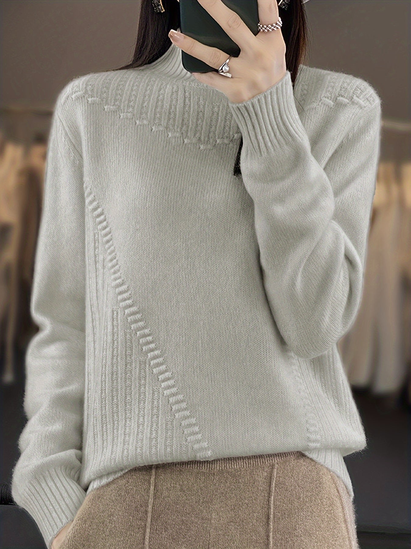 Plus Size Women's Half-Turtleneck Sweater - Soft Sleeve Pullover, Solid Black Casual Chic Top, Machine Washable All-Season Versatile Wardrobe, Everyday Pullover, Minimalist Design, Ribbed Texture