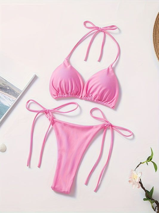Women'S Sexy Bikini Swimsuit - V-Neck Sleeveless High-Stretch Solid Color with Adjustable Tie-Back Straps, Tummy Control Design for Beach & Pool, Summer Swimwear, Beach Swimwear, Poolside Attire, Sexy Swimwear, Highelasticity Fabric