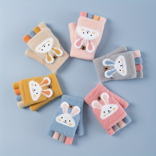 Kids' Winter Knit Flip Gloves - Cartoon Bunny Design, Acrylic & Polyester, Hand Washable, Flip Top Fingerless to Full Finger - Suitable for Boys 3-8 Years, Seasonal Fall/Winter Warmth - 1 Pair Suitable for Teens