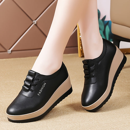 Women'S Casual Wedge Heel Shoes - Black Synthetic Cover with White Sole, Round Toe Comfort, Lightweight & Versatile for All Seasons, Comfortable Walking Shoes | Minimalist Shoe Design | Synthetic Cover Shoes