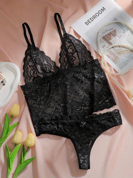 1 Set Women's Sheer Lace Lingerie Set - Semi-Sheer Push-Up Bra & Low-Rise Bikini Panties with Adjustable Back Closure, No Padding, Comfortable Everyday & Special Occasion Underwear, Black Lace Matching Set