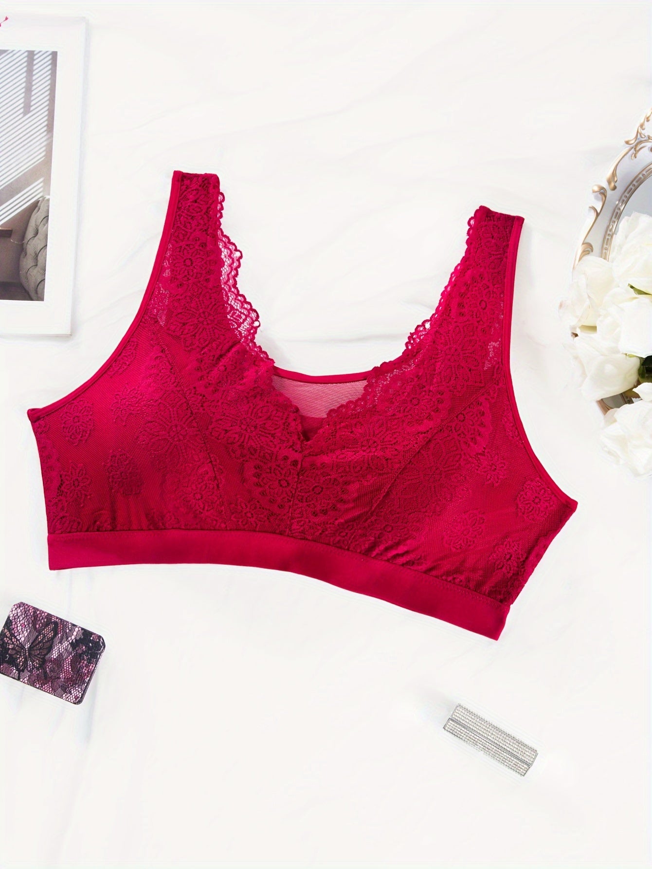 Plus Size Sexy Bra, Women's Plus Floral Lace Insert Mesh Wide Straps Semi Sheer Bra