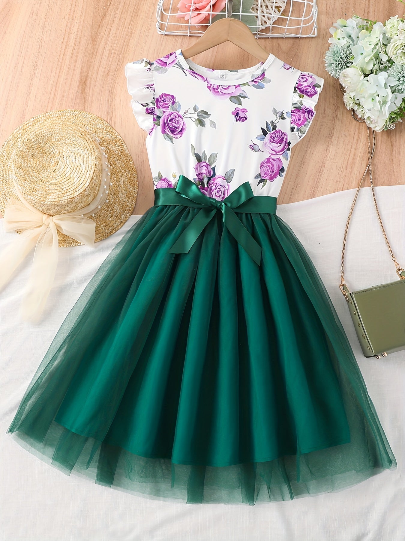 [1pc Floral Print Girl'S Dress] 1pc Elegant Floral Print Polyester Dress for Girls, Summer Sleeveless Regular Fit with Bow Detail, Children'S Casual Spaghetti Strap Skirt