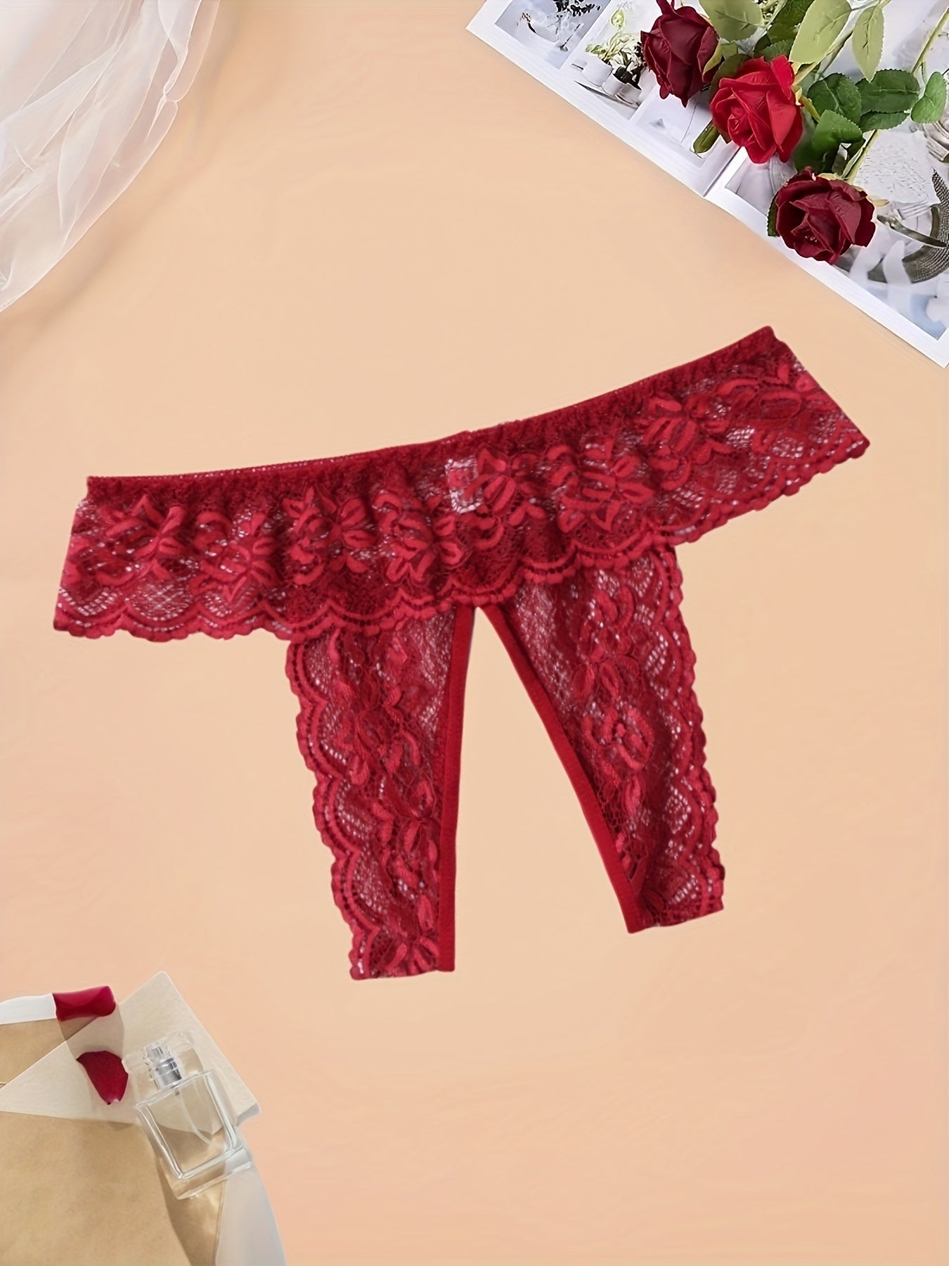 Women'S Sexy Red Lace Thong Panties - Open Crotch Design with Cut-Out Details, Breathable & Comfortable Intimate Underwear for Valentine'S Day or Special Occasions, Romantic Clothing, Elegant Style, Intricate Detailing