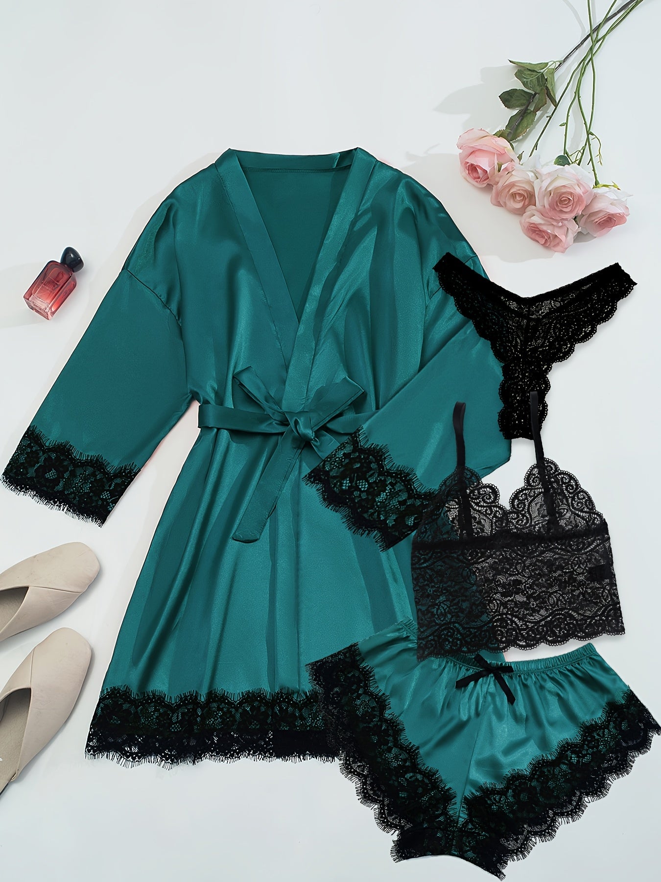 Women'S Fashion Casual Satin Shapewear Pajama Set, Deep V Neck, Solid Color, All-Season, with Contrast Lace Detail, Belted, Adult Size, Elegant Nightwear|Satin Finish|Lace Detailing, Pajamas for Women