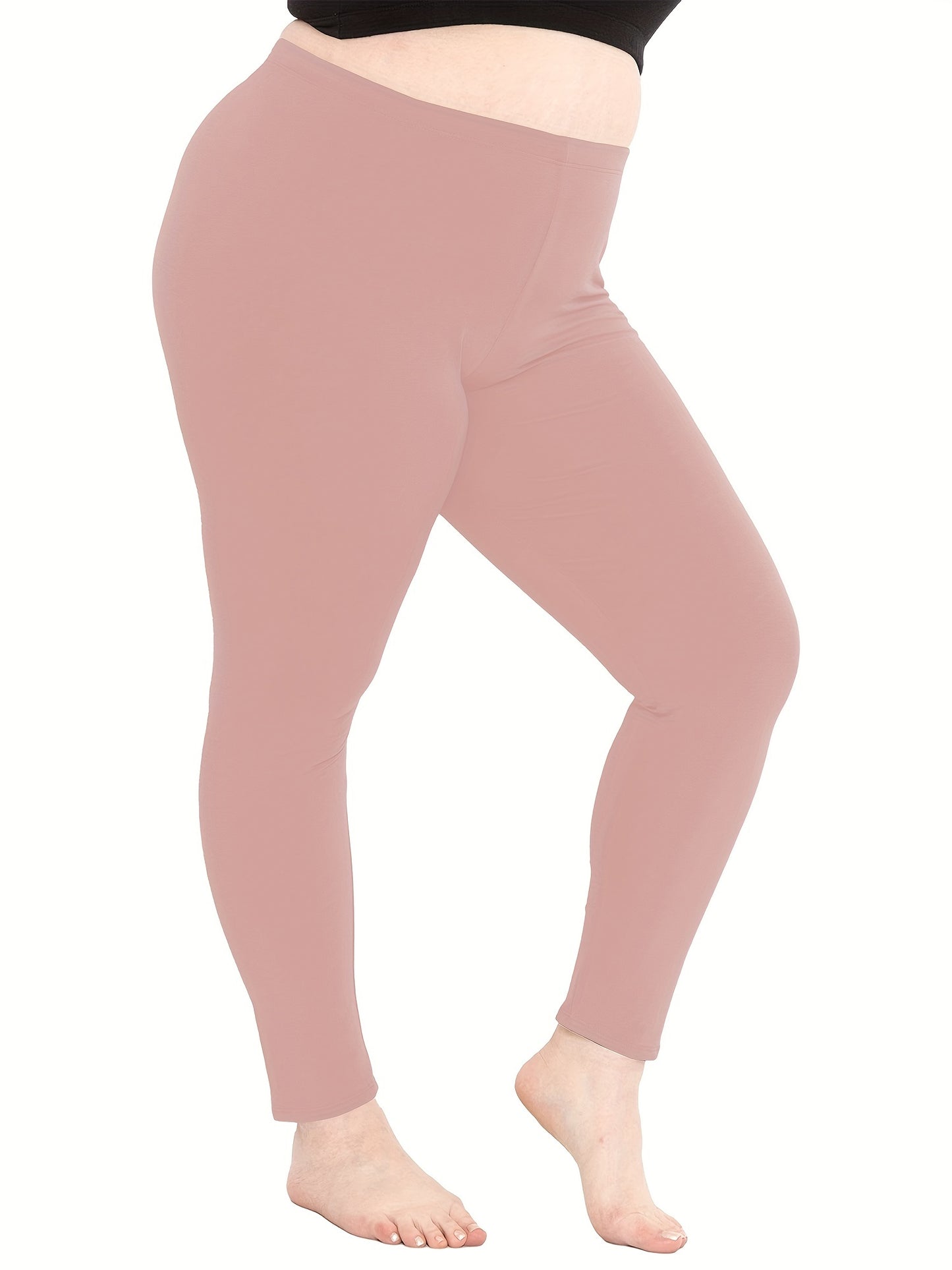 Plus Size Casual Pants, Women's Plus Solid Elastic High Rise High Stretch Skinny Trousers