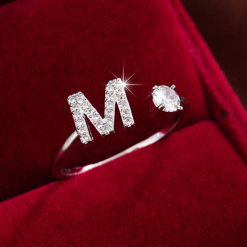 Fashionable 26 English Letters Four-Prong Synthetic Synthetic Zirconia Open Adjustment Ring