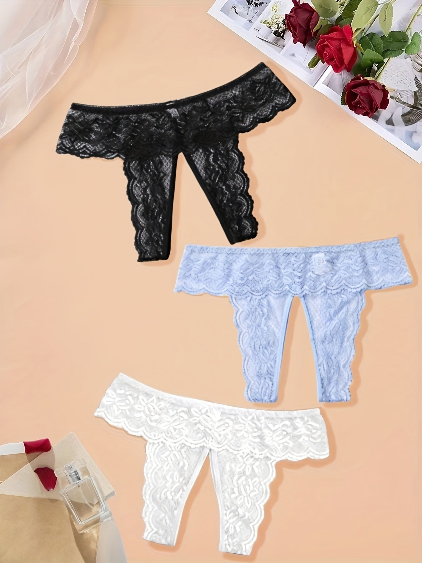 Women'S Sexy Red Lace Thong Panties - Open Crotch Design with Cut-Out Details, Breathable & Comfortable Intimate Underwear for Valentine'S Day or Special Occasions, Romantic Clothing, Elegant Style, Intricate Detailing