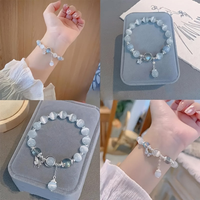 1pc Cute Glass Cat Eye Stone Beaded Bracelet With Butterfly Charm, Perfect Gift