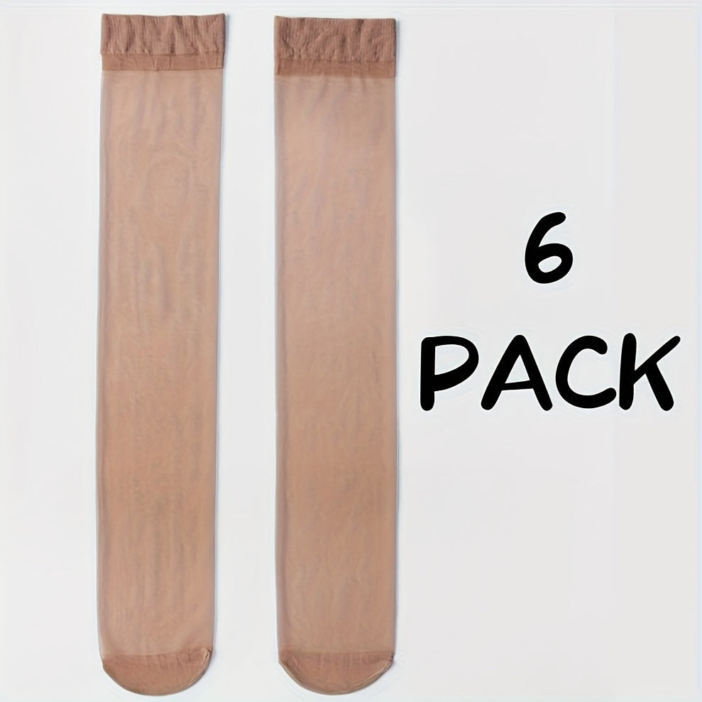 6 Pairs Women's Plus Casual Calf Socks, Plus Size Solid Anti-hook Summer Thin Stretchy Knee High Socks