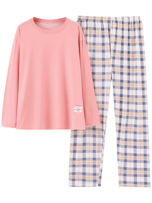 Plus Size Casual Pajamas Set, Women's Plus Soft Long Sleeve Tee & Plaid Pants Comfort Loungewear 2pcs Set, Women Plus Size Two Piece Set