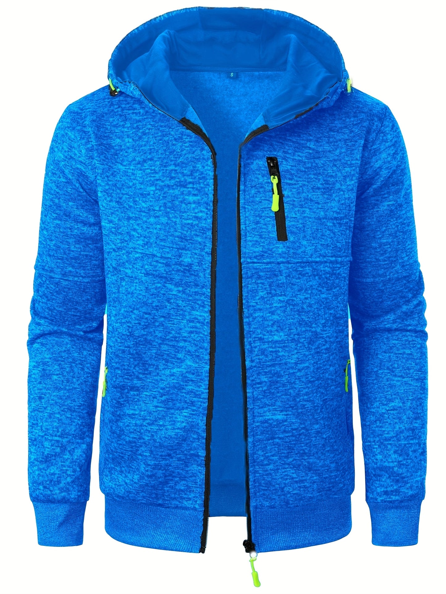 Men's Autumn Winter Casual Plush Hooded Sweater - Soft Knit Zipper Front with Neon Accents, Regular Fit Long Sleeve Pullover for Cold Weather, Sweater Hoodie, Ribbed Detailing