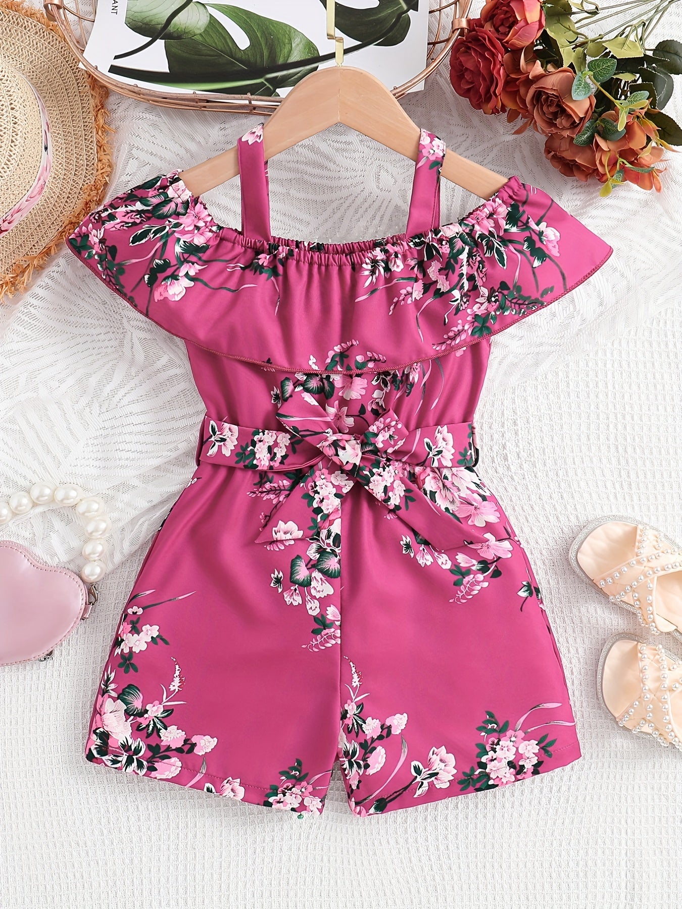 HWMFSNHFZ Girls' Off-Shoulder Floral Print Jumpsuit with Ruffled Sleeves & Waist Bow - Vibrant Pink & Green Summer Casual Outfit, Short Sleeveless Dress for Playdates & Outings, Playful Design, Comfortable Fit, for Outdoor
