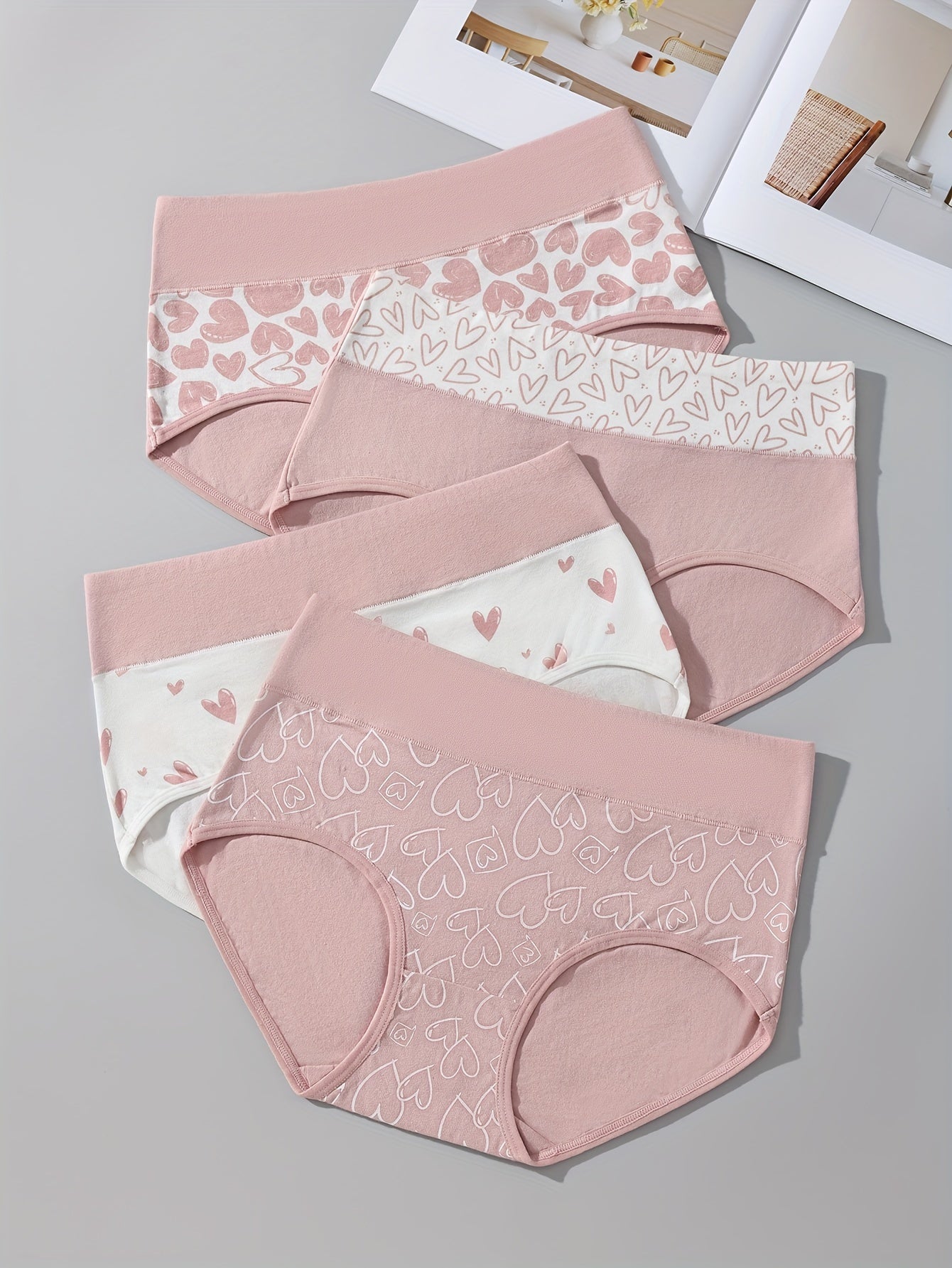 4pcs Pink Heart Print Women'S High-Waisted Briefs - Soft Breathable Comfort, Cute Lace Trim Design, Light Pink & White with Red Hearts, Perfect for Casual Attire, High Waisted Briefs, Comfortable Underwear, Playful Underwear, Soft Fabric Underwear