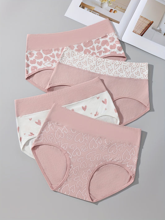 4pcs Pink Heart Print Women'S High-Waisted Briefs - Soft Breathable Comfort, Cute Lace Trim Design, Light Pink & White with Red Hearts, Perfect for Casual Attire, High Waisted Briefs, Comfortable Underwear, Playful Underwear, Soft Fabric Underwear