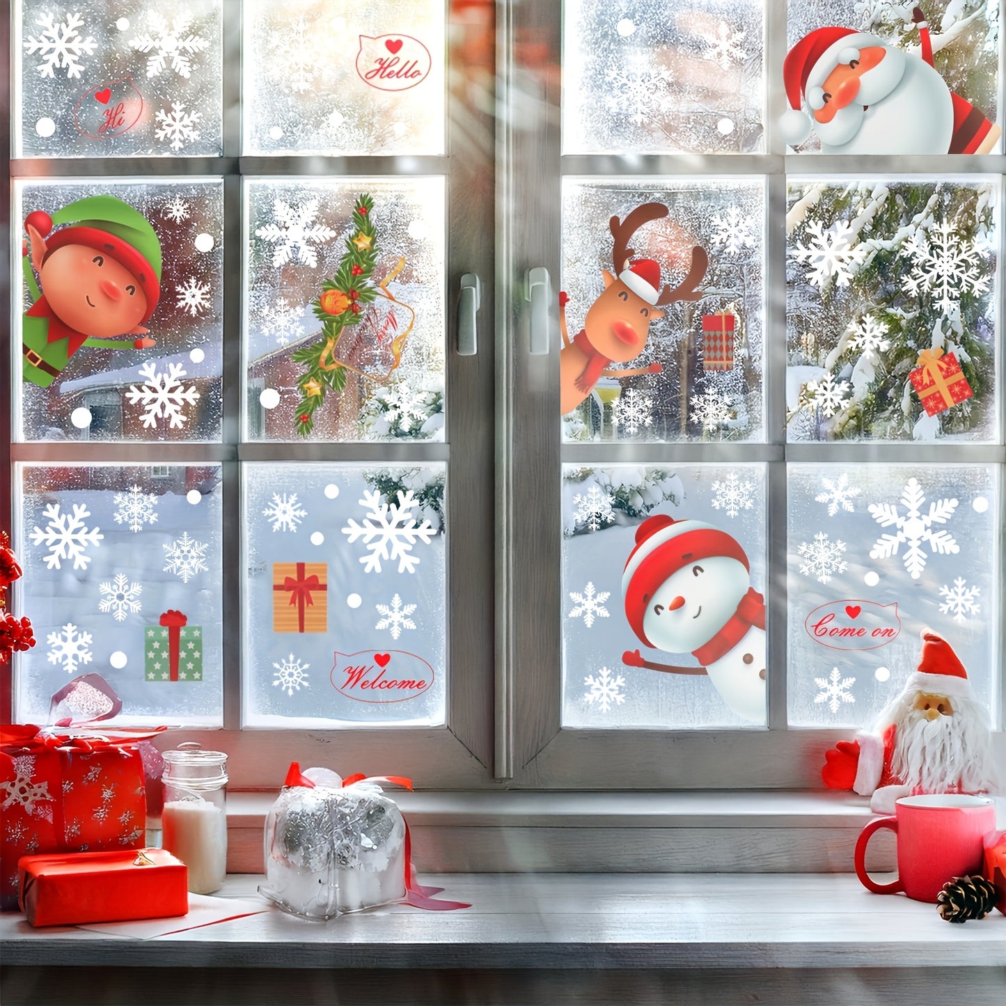 80pcs Christmas Snowflake Window Clings Stickers For Glass, Xmas Decals Decorations Holiday Snowflake Santa Claus Reindeer Decals
