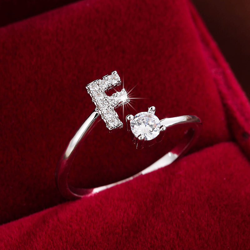 Fashionable 26 English Letters Four-Prong Synthetic Synthetic Zirconia Open Adjustment Ring