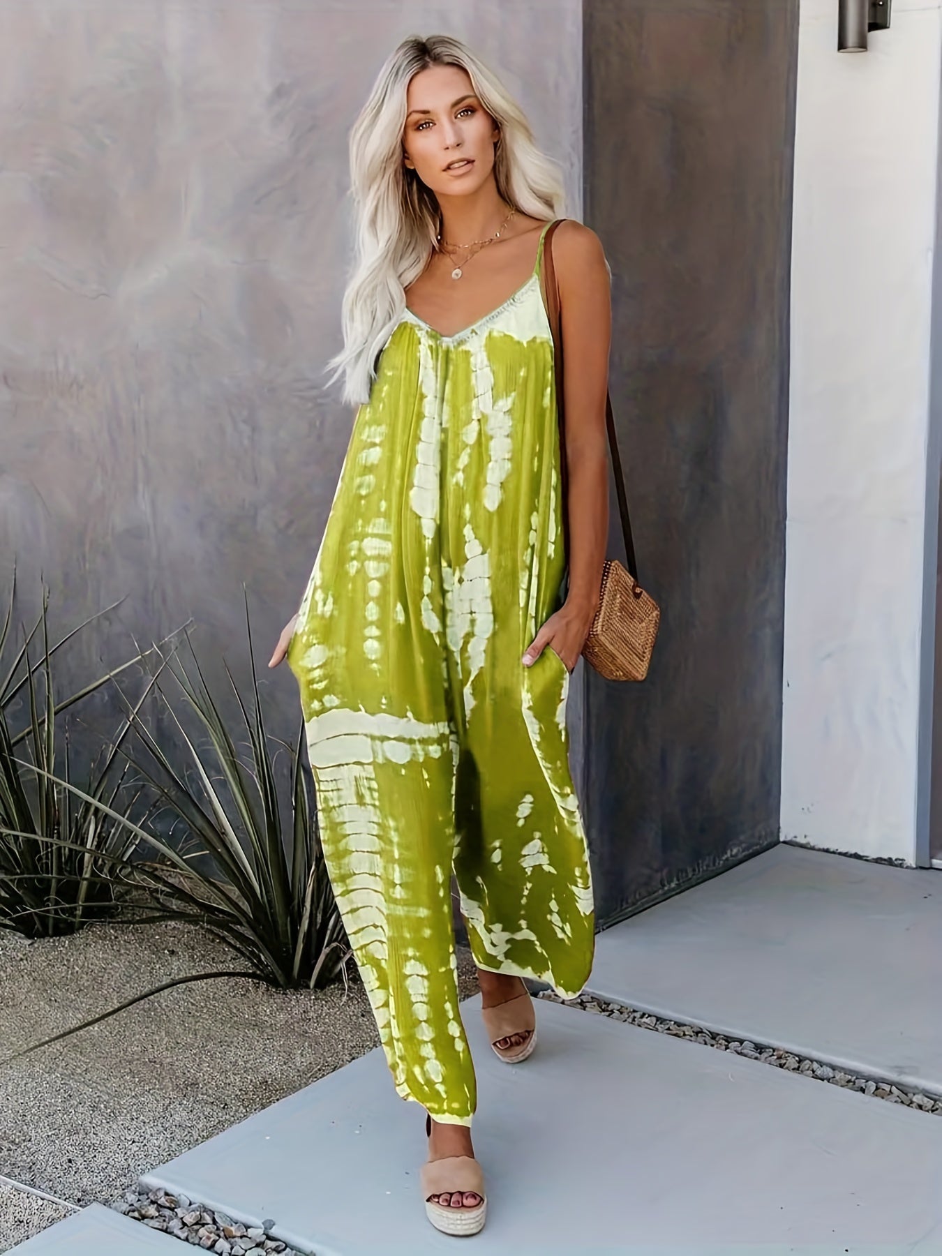 Women's Casual Tie-Dye Cami Jumpsuit - Sexy Wide Leg, Sleeveless, Vibrant Orange and Brown Print, Perfect for Spring/Summer/Fall