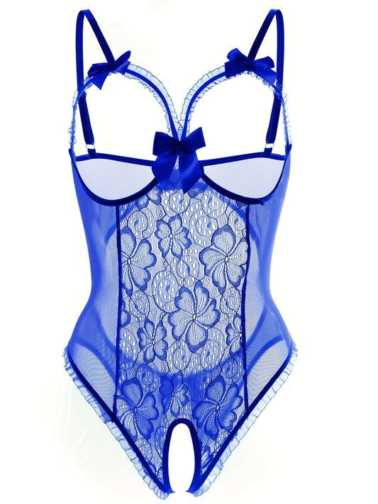 Women'S Sexy Lace Trim Open Crotch Bodysuit - High Support Tight-Fitting Lingerie with Adjustable Straps & Floral Detailing, Solid Color All-Over Lingerie for Intimate Occasions, Seductive Wear, Elegant Design, Intricate Lacework
