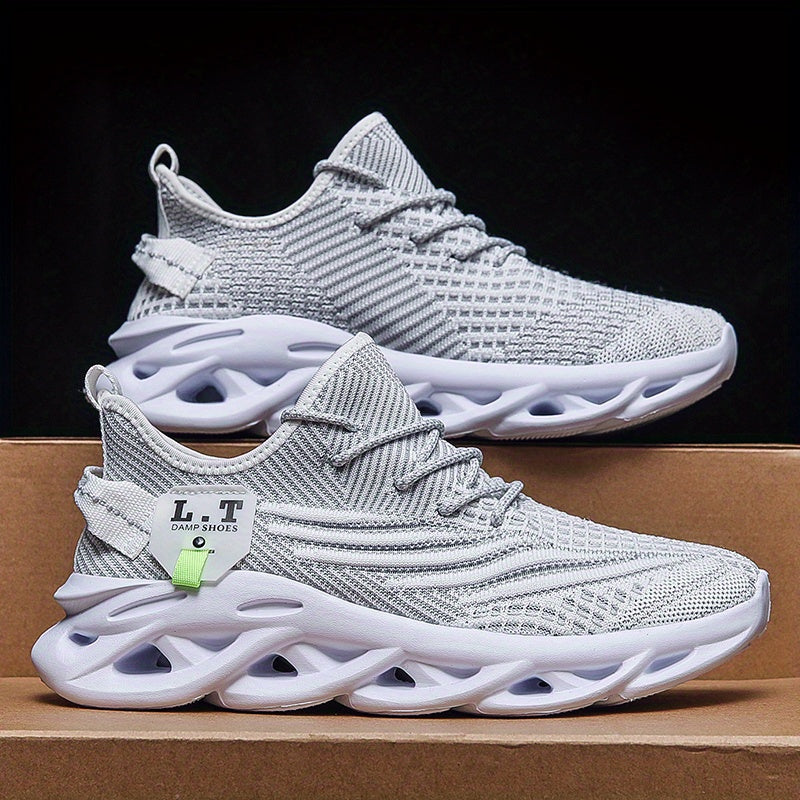 Men's Knit Breathable Running Shoes With Shock Absorption, Lace Up Comfy Soft Sole Sneakers For Outdoor Jogging, Spring And Summer