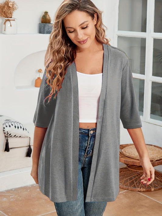 Elegant Plus Size Women's Cardigan - Chic Solid Color, Half Sleeve, Open Front with High Stretch Fabric, Perfect for Fall/Winter - Machine Washable, Plus Size Cardigan