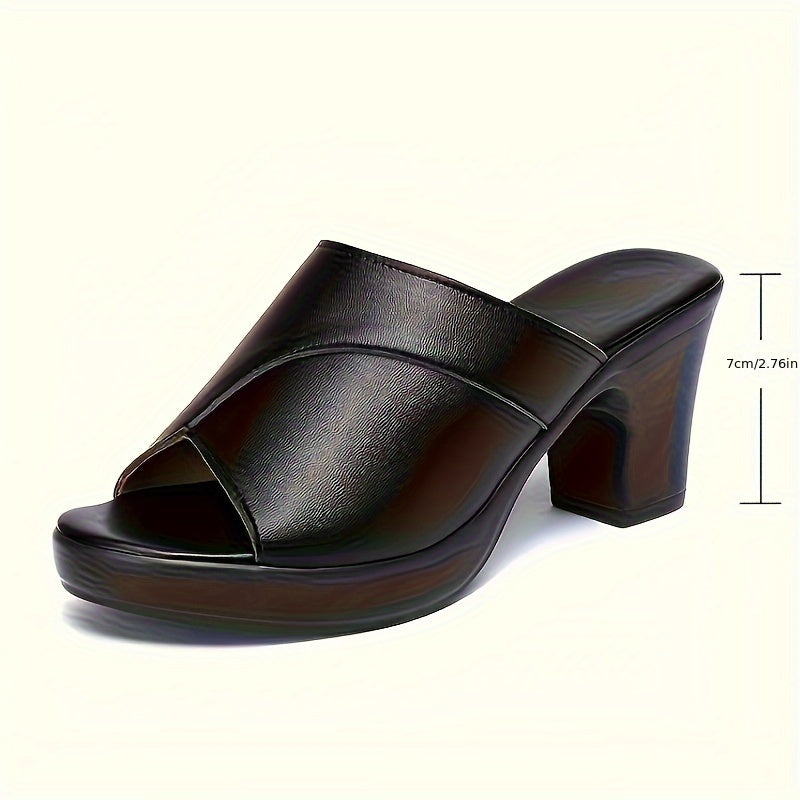 Women's Chunky High Block Heel Slip-On Mules - Glossy Black Faux Cover Open-Toe Slippers with Thick Platform Heels, Comfortable Round-Toe Summer Dress Shoes for Weddings, Parties, Office & Casual Wear (Easy-Care), Heels For Women, Shoes For Women, Womens