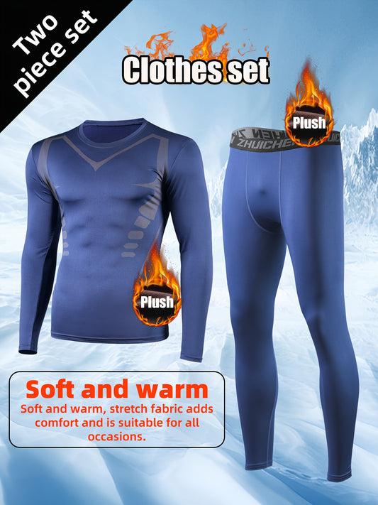 Two-Piece Fleece-Lined Sports Set for Men: Autumn and Winter Warm-Up Running Gym Clothes, Tight-Fit Training Gear for Morning and Night Runs