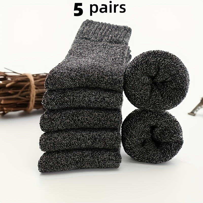 5 Pairs Men's Thick Wool Blend Socks - Cozy Mid-Calf Winter Socks in Solid Colors (Dark Gray, Light Blue, Brown, Navy Blue, Beige, White), Soft & Warm for Casual or Cold Weather, Cozy Footwear | Giftready Packaging | Quality Fabric Socks, Cute Socks