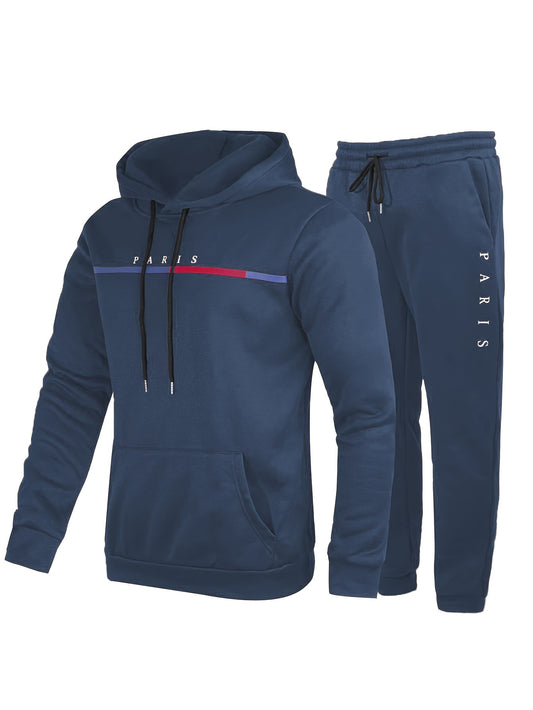 Men'S Casual "Paris" Print Hoodie & Sweatpants Set - Brown Polyester, All-Season Comfort, Drawstring Hoodie with "Paris" Graphic, Regular Fit Pants, Casual Wear|Graphic Hoodie|Comfortable Fit