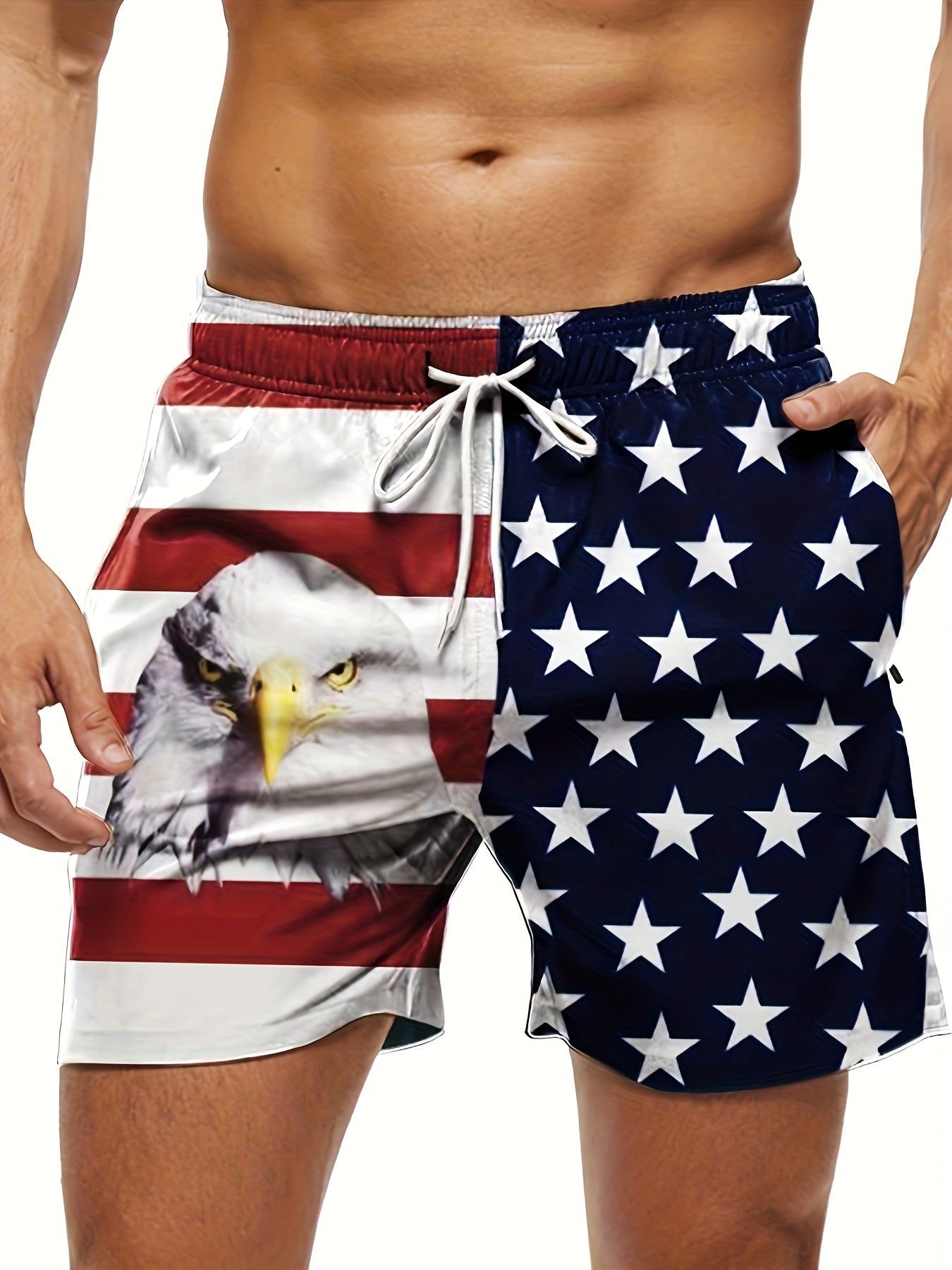 3003 Men's Summer Casual Shorts - American Flag & Eagle Patriotic Print, Black & White Contrast Design, Regular Fit, Machine Washable