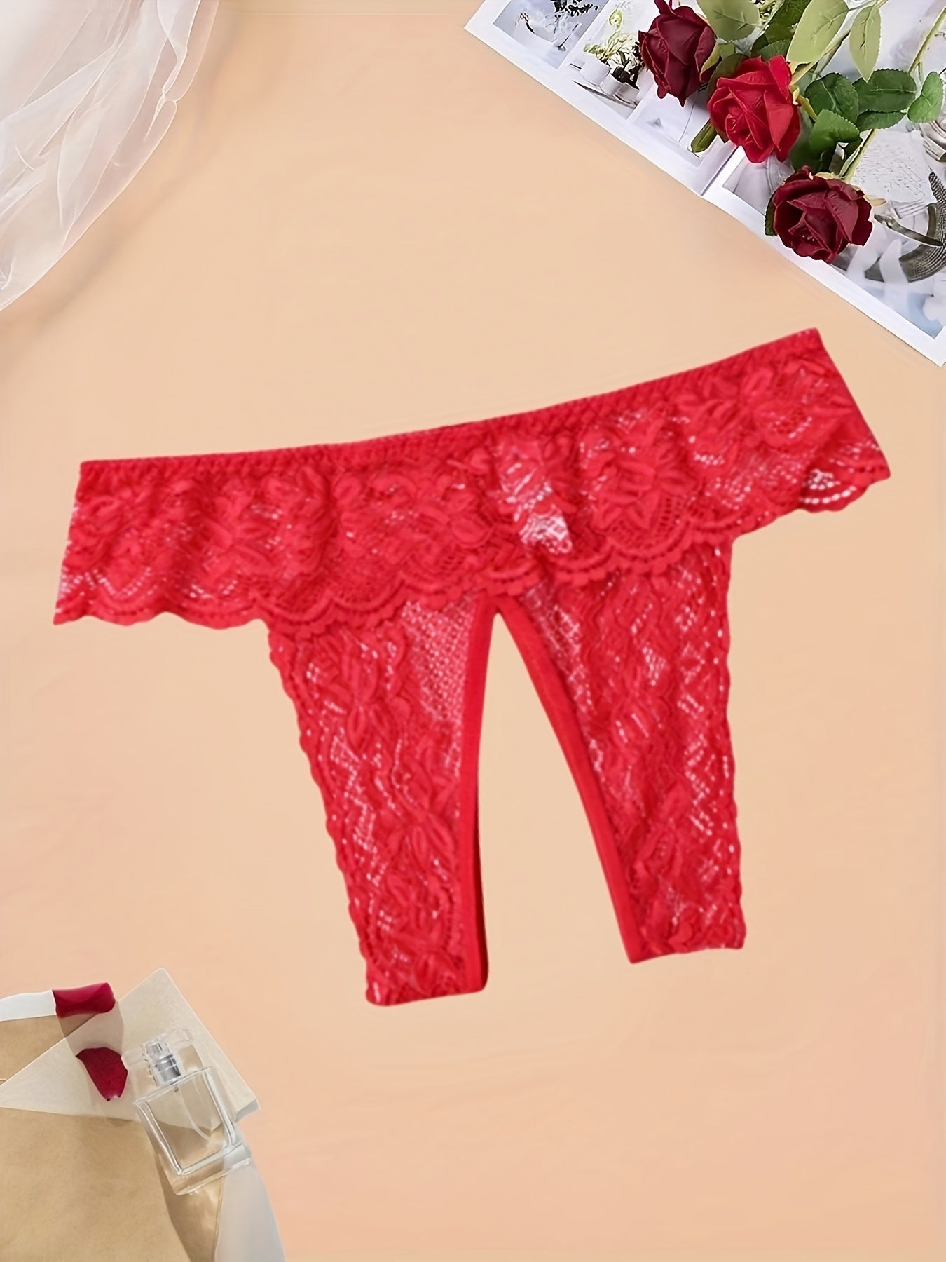 Women'S Sexy Red Lace Thong Panties - Open Crotch Design with Cut-Out Details, Breathable & Comfortable Intimate Underwear for Valentine'S Day or Special Occasions, Romantic Clothing, Elegant Style, Intricate Detailing