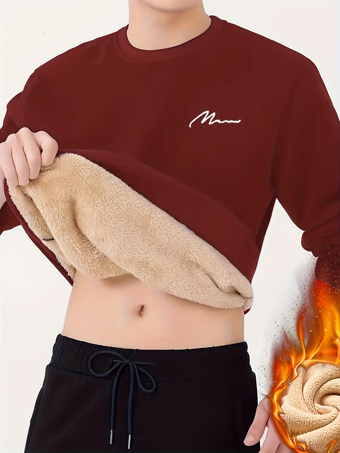 Men's Winter Warm Fleece-Lined Crew Neck Sweatshirt - Casual Black Long Sleeve with "MOM" Embroidery, Machine Washable, Cozy Polyester Fabric