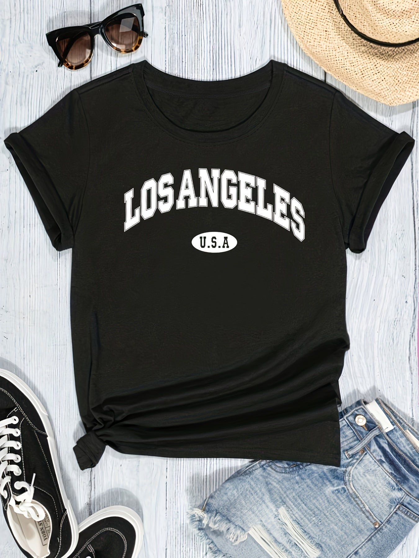 Women'S Casual Los Angeles Alphabet Print T-Shirt, Short Sleeve Crew Neck, Summer Knit Polyester Top with 5% Elastane, Regular Length - Black