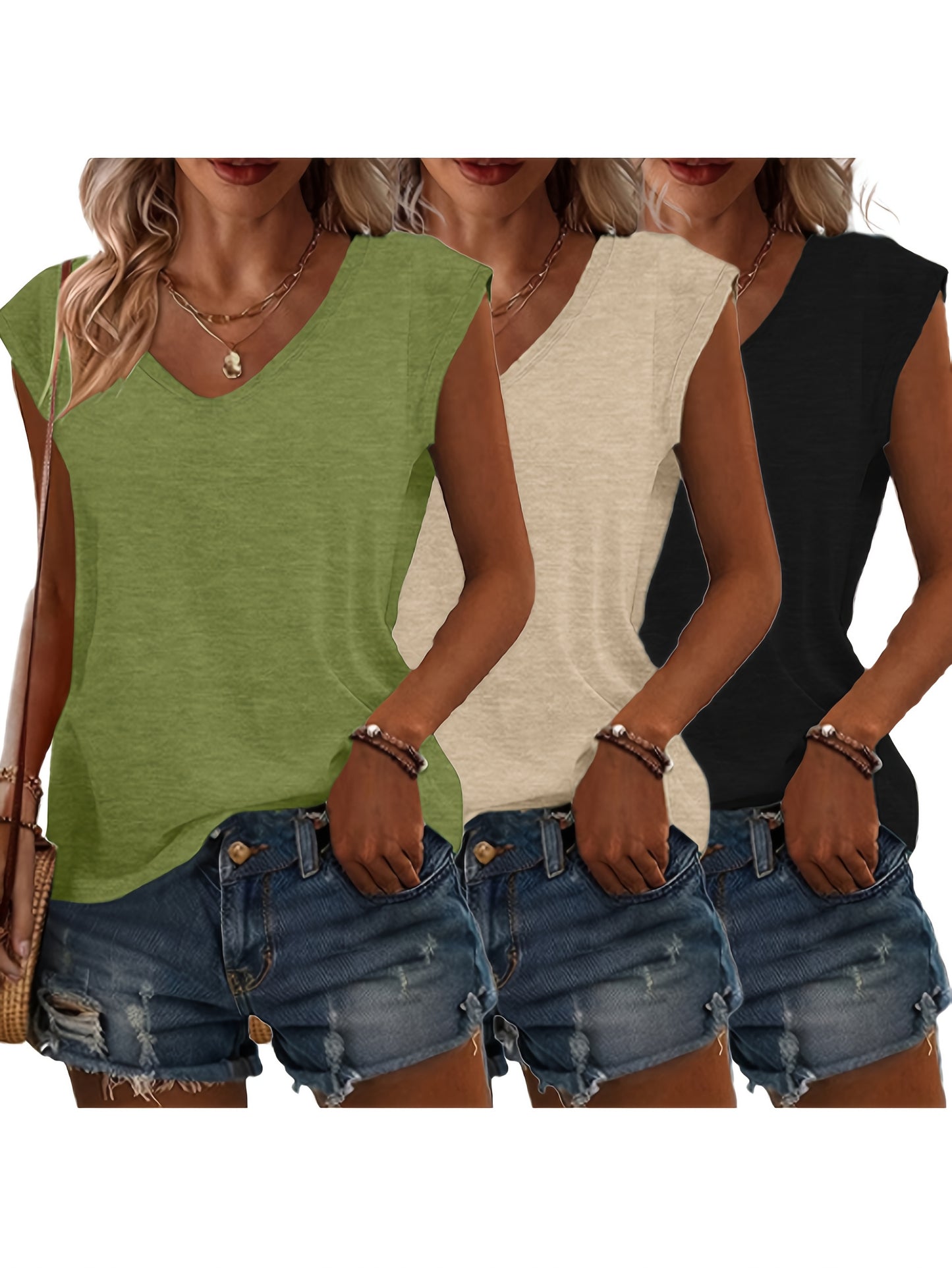 3pcs Spring/Summer New Solid Color No-Print V Neck Loose Casual Tops, Comfortable Fashion Machine Wash - Suitable for Daily and Home Use