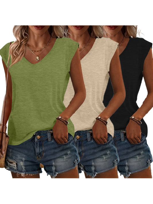 3pcs Spring/Summer New Solid Color No-Print V Neck Loose Casual Tops, Comfortable Fashion Machine Wash - Suitable for Daily and Home Use