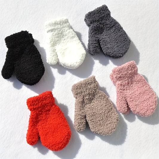 1 Pair Cute Plush Thick Warm Winter Gloves, Solid Color Polyester 100% Full Finger Mittens for Kids, Woven Velvet Baby Handwear