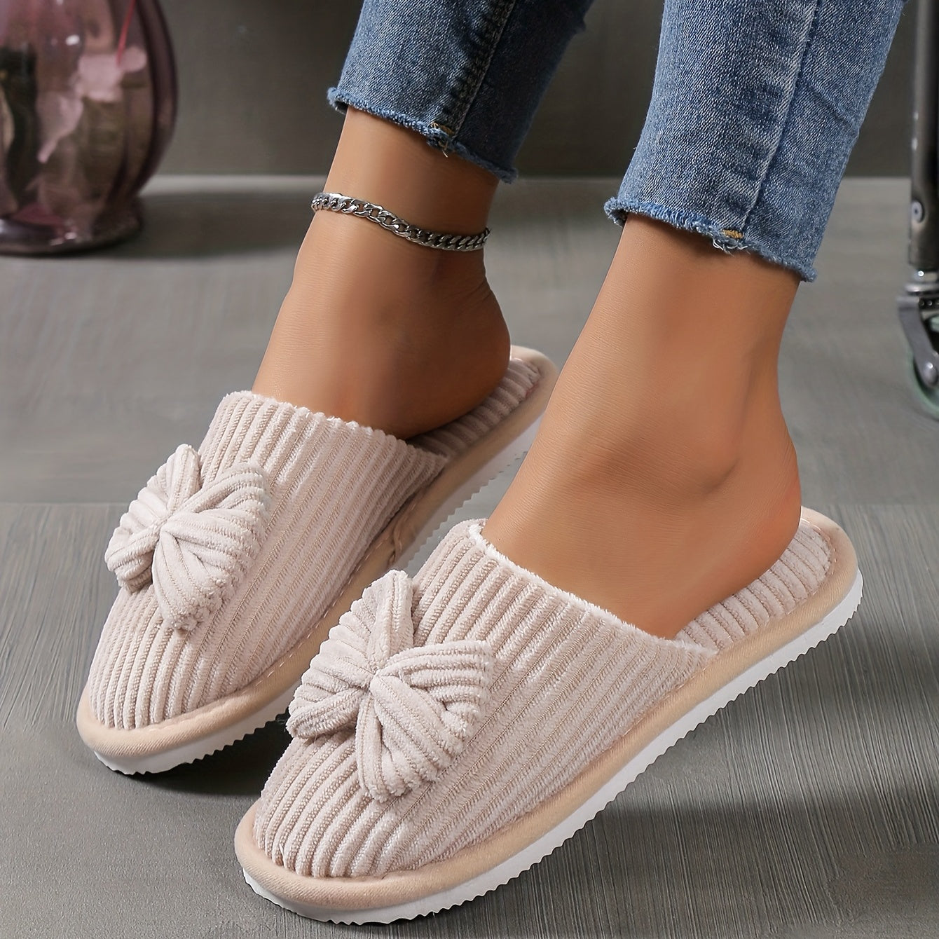 Women'S Slip-On Winter Slippers - Cozy Fleece-Lined EVA Sole, Soft All-Season Indoor House Shoes for Home & Couples, Casual Slip-On Design with Bow Detail, Slipon Shoes