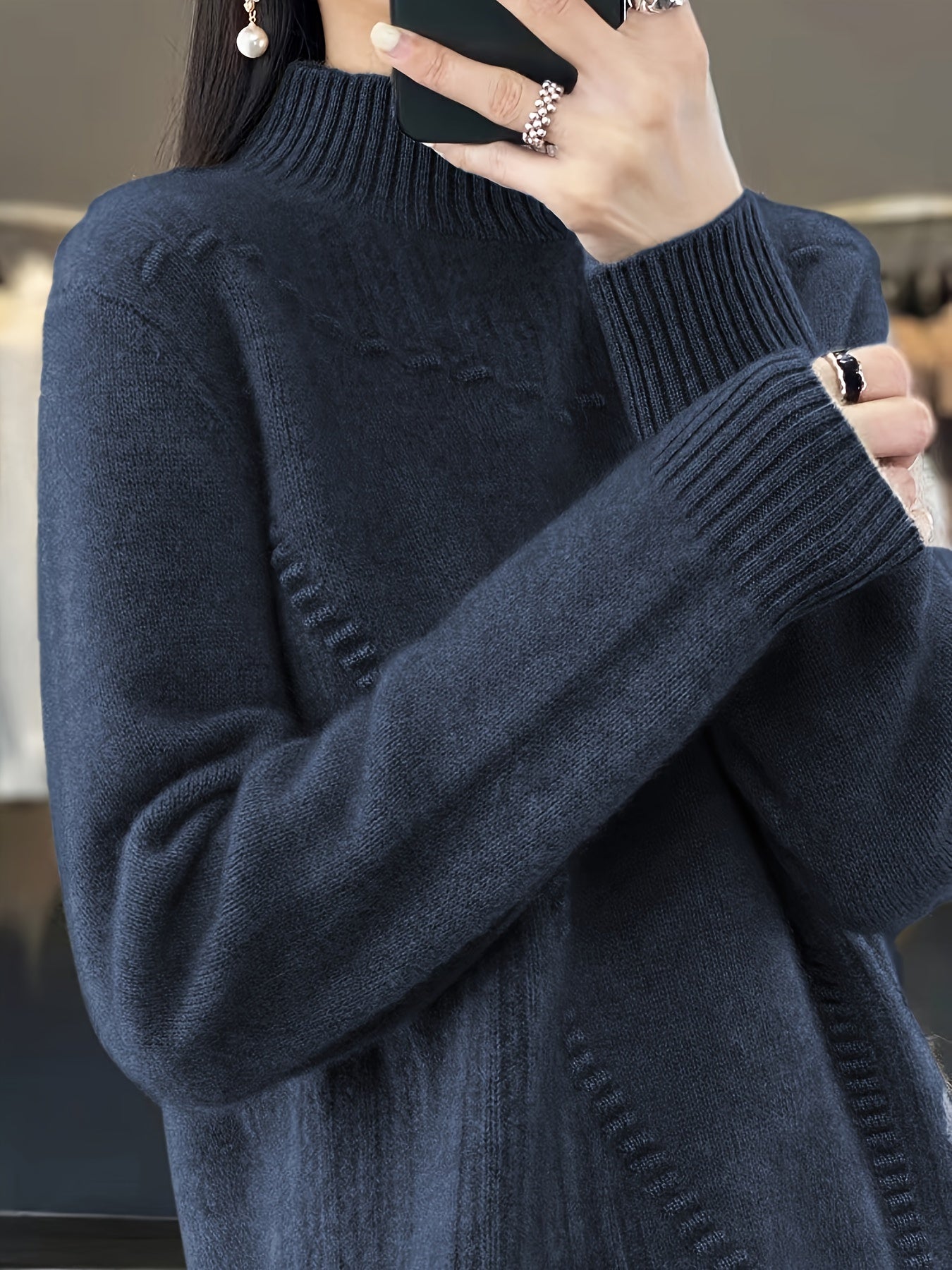 Plus Size Women's Half-Turtleneck Sweater - Soft Sleeve Pullover, Solid Black Casual Chic Top, Machine Washable All-Season Versatile Wardrobe, Everyday Pullover, Minimalist Design, Ribbed Texture